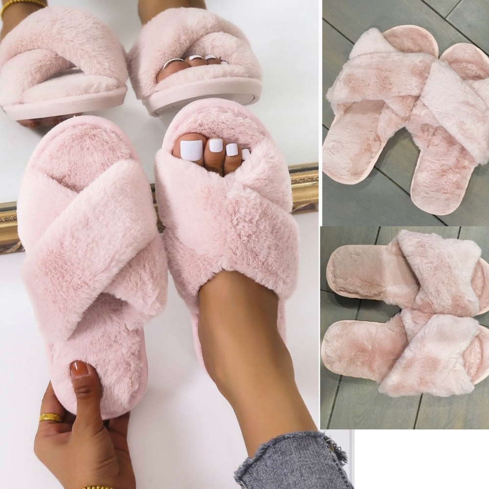 New Fluffy Criss Cross Faux Fur Light Pink Slipper
